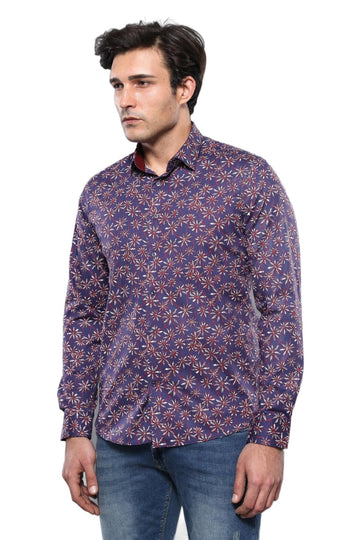 Men's Dark Blue Floral Print Slim Fit Long Sleeve Shirt | Wessi