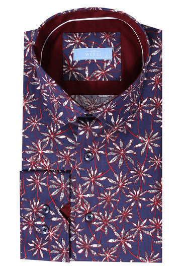 Men's Dark Blue Floral Print Slim Fit Long Sleeve Shirt | Wessi