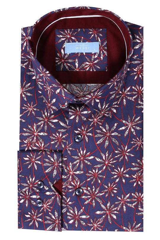 Men's Dark Blue Floral Print Slim Fit Long Sleeve Shirt | Wessi