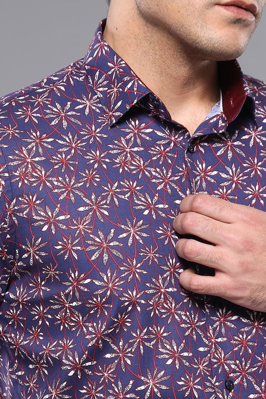 Men's Dark Blue Floral Print Slim Fit Long Sleeve Shirt | Wessi