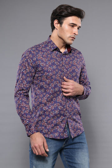 Men's Dark Blue Floral Print Slim Fit Long Sleeve Shirt | Wessi