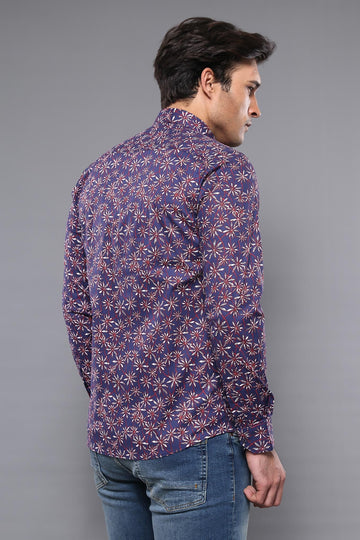 Men's Dark Blue Floral Print Slim Fit Long Sleeve Shirt | Wessi