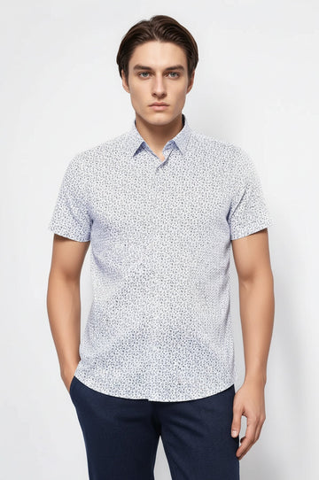 Men's White Floral Print Slim Fit Short Sleeve Shirt | Wessi