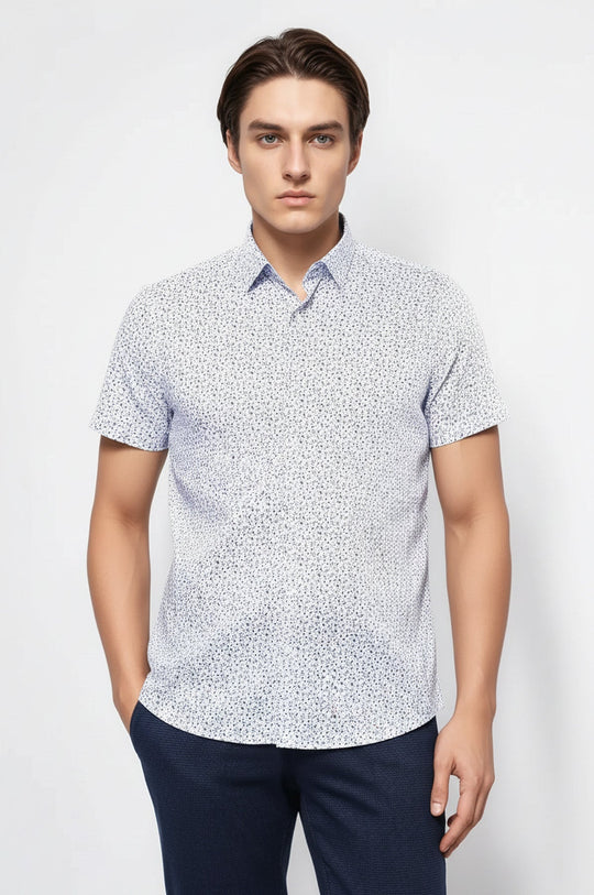 Men's White Floral Print Slim Fit Short Sleeve Shirt | Wessi