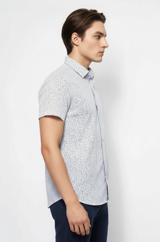 Men's White Floral Print Slim Fit Short Sleeve Shirt | Wessi