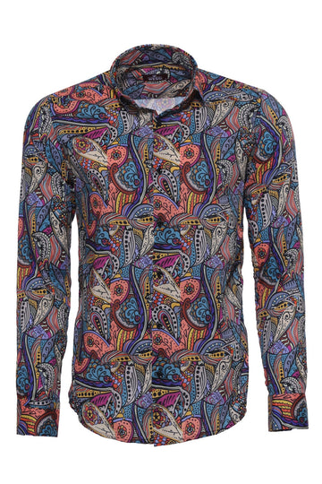Men's Black Slim Fit Multicolour Patterned Cotton Shirt | Wessi