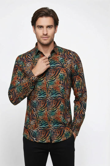 Men's Black Slim Fit Animal Print Multicolour Shirt | Wessi