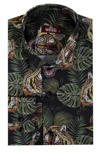 Men's White Slim Fit Yellow & Black Leaf Print Shirt | Wessi