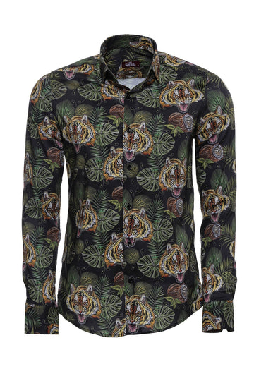 Men's White Slim Fit Yellow & Black Leaf Print Shirt | Wessi