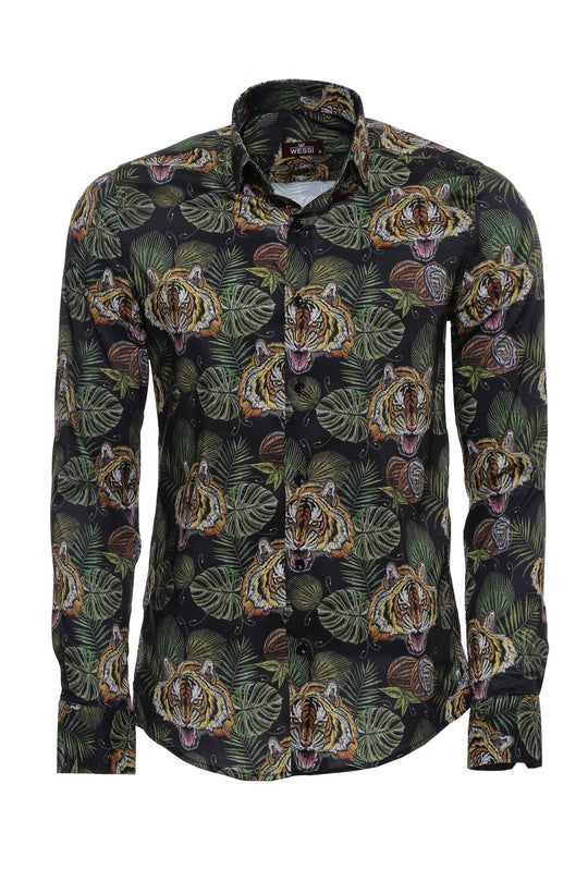 Men's White Slim Fit Yellow & Black Leaf Print Shirt | Wessi