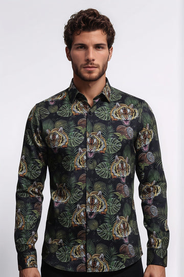 Men's White Slim Fit Yellow & Black Leaf Print Shirt | Wessi