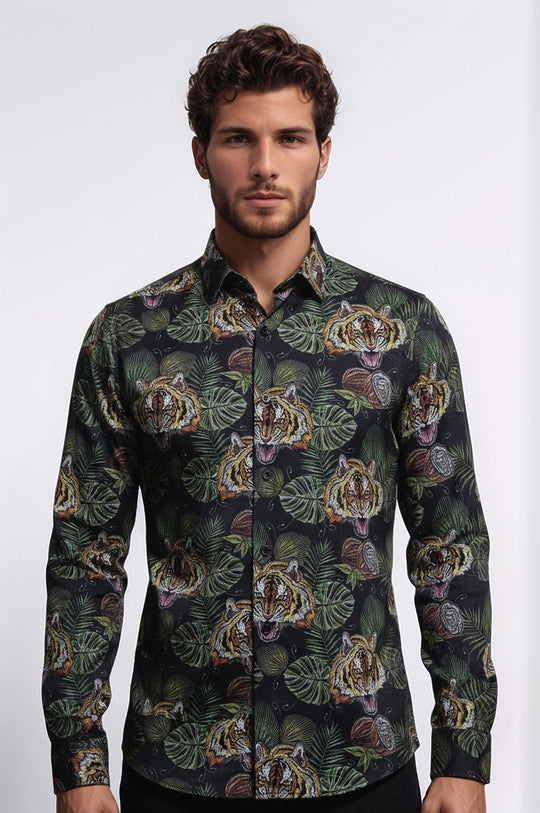 Men's White Slim Fit Yellow & Black Leaf Print Shirt | Wessi