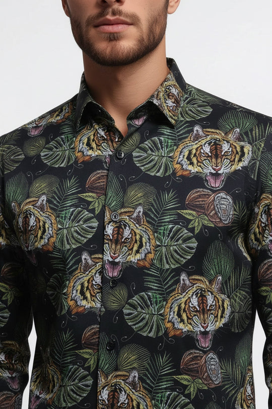 Men's White Slim Fit Yellow & Black Leaf Print Shirt | Wessi