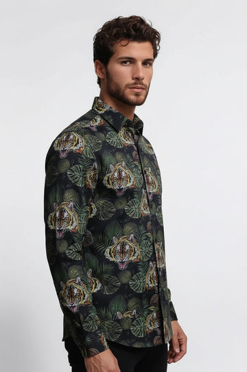 Men's White Slim Fit Yellow & Black Leaf Print Shirt | Wessi