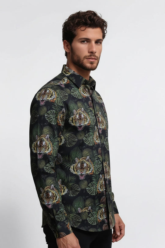 Men's White Slim Fit Yellow & Black Leaf Print Shirt | Wessi