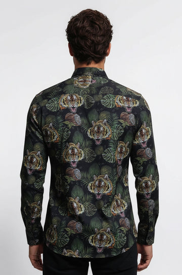 Men's White Slim Fit Yellow & Black Leaf Print Shirt | Wessi