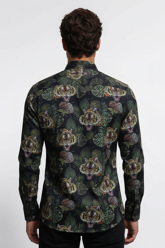 Men's White Slim Fit Yellow & Black Leaf Print Shirt | Wessi