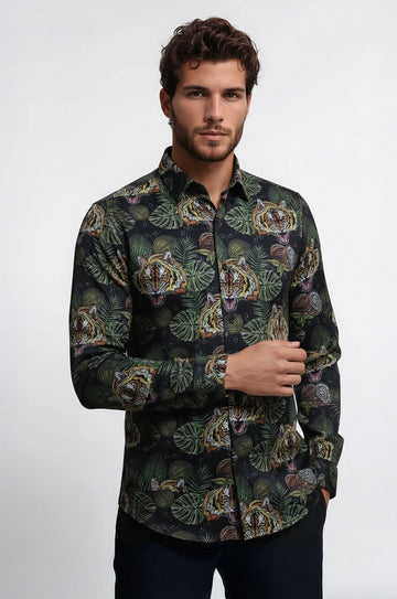 Men's White Slim Fit Yellow & Black Leaf Print Shirt | Wessi