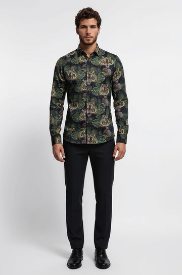 Men's White Slim Fit Yellow & Black Leaf Print Shirt | Wessi