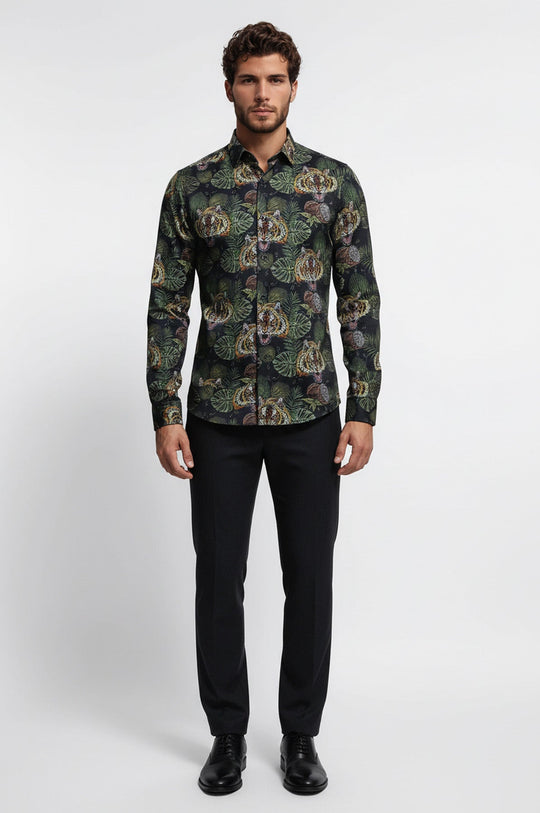 Men's White Slim Fit Yellow & Black Leaf Print Shirt | Wessi