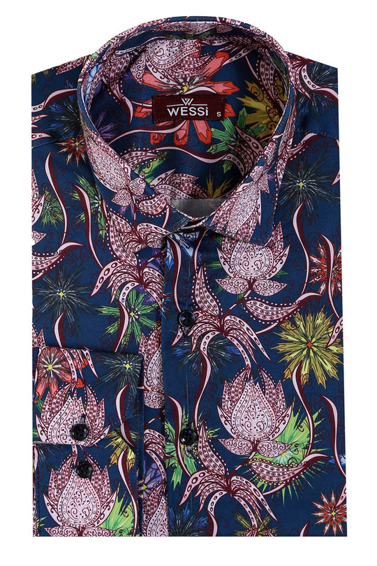 Men's Blue Slim Fit Tiger & Leaf Print Shirt | Wessi