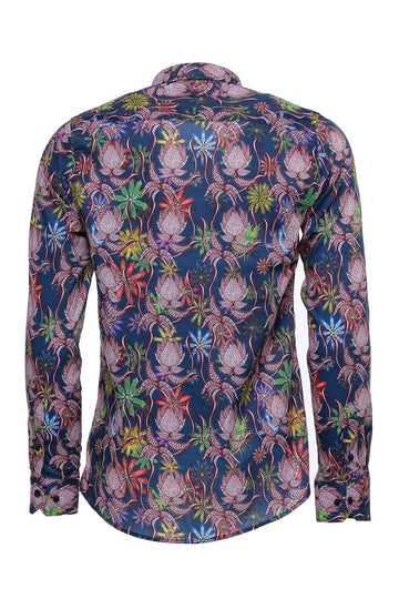 Men's Blue Slim Fit Tiger & Leaf Print Shirt | Wessi