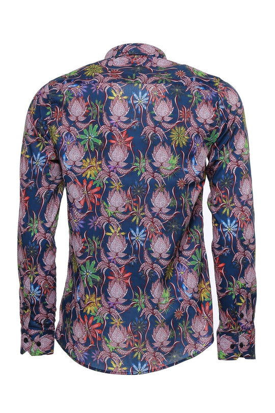 Men's Blue Slim Fit Tiger & Leaf Print Shirt | Wessi