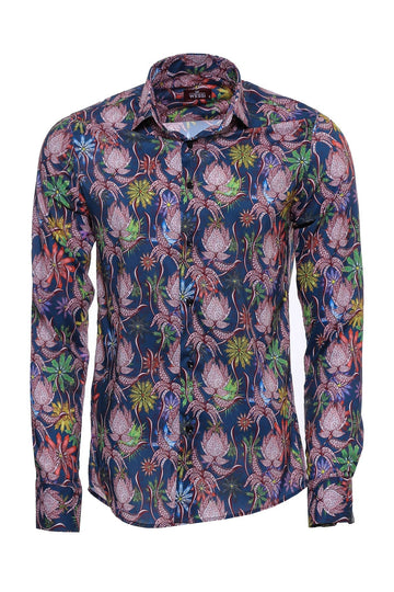 Men's Blue Slim Fit Tiger & Leaf Print Shirt | Wessi