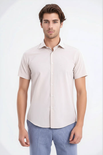 Short Sleeve Plain Cream Slim Fit Shirt | Wessi