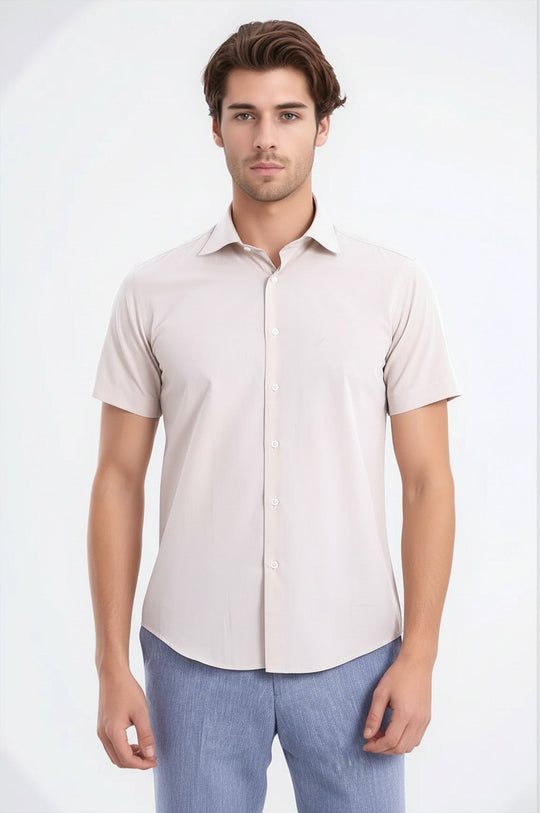 Short Sleeve Plain Cream Slim Fit Shirt | Wessi