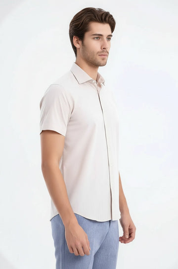 Short Sleeve Plain Cream Slim Fit Shirt | Wessi