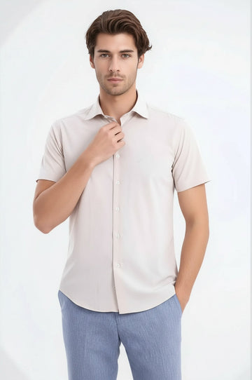 Short Sleeve Plain Cream Slim Fit Shirt | Wessi