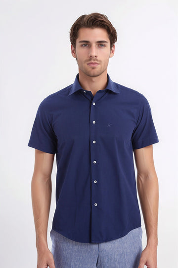 Short Sleeve Plain Navy Blue Slim Fit Shirt | Wessi
