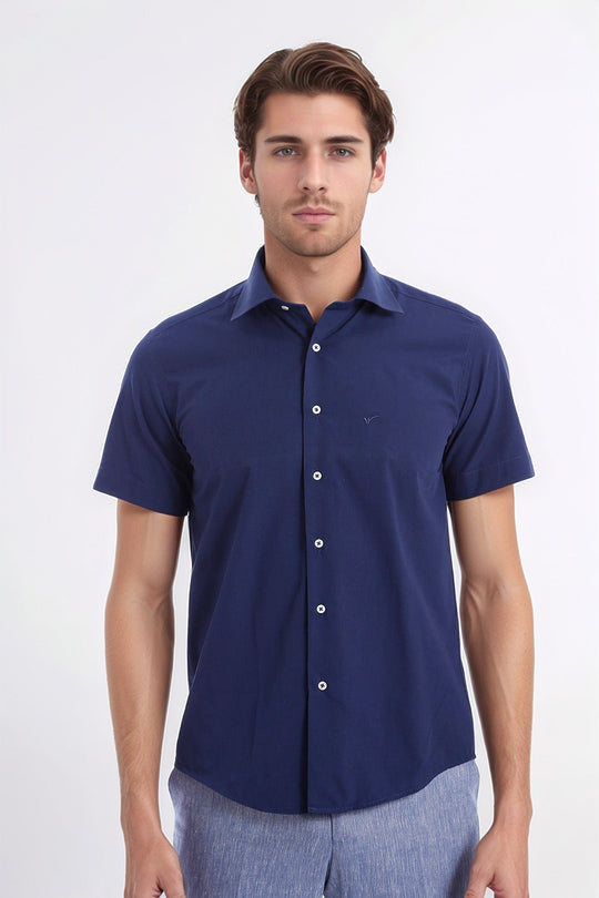 Short Sleeve Plain Navy Blue Slim Fit Shirt | Wessi