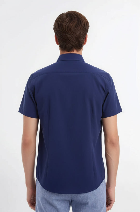 Short Sleeve Plain Navy Blue Slim Fit Shirt | Wessi