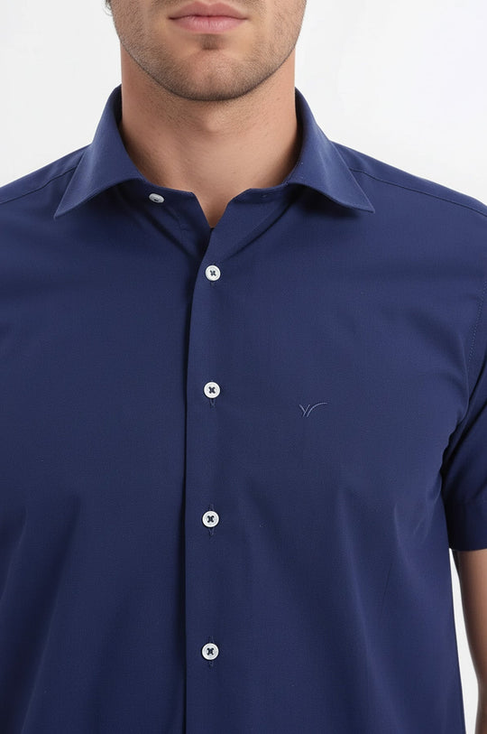 Short Sleeve Plain Navy Blue Slim Fit Shirt | Wessi