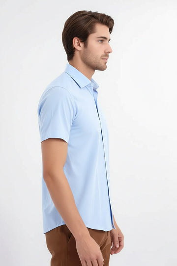 Short Sleeve Plain Blue Slim Fit Shirt | Wessi