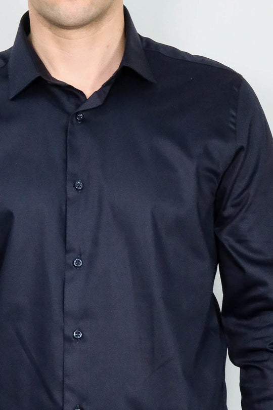 Men's Navy Blue Cotton Satin Slim Fit Cuffed Shirt – Wessi
