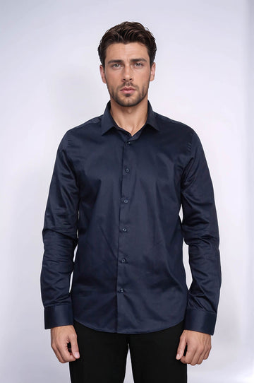 Men's Navy Blue Cotton Satin Slim Fit Cuffed Shirt – Wessi