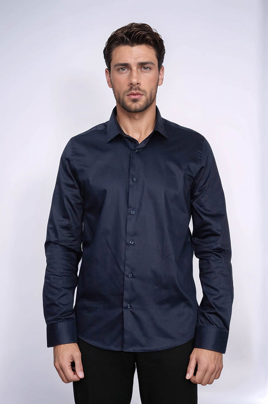 Men's Navy Blue Cotton Satin Slim Fit Cuffed Shirt – Wessi