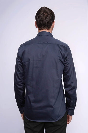 Men's Navy Blue Cotton Satin Slim Fit Cuffed Shirt – Wessi