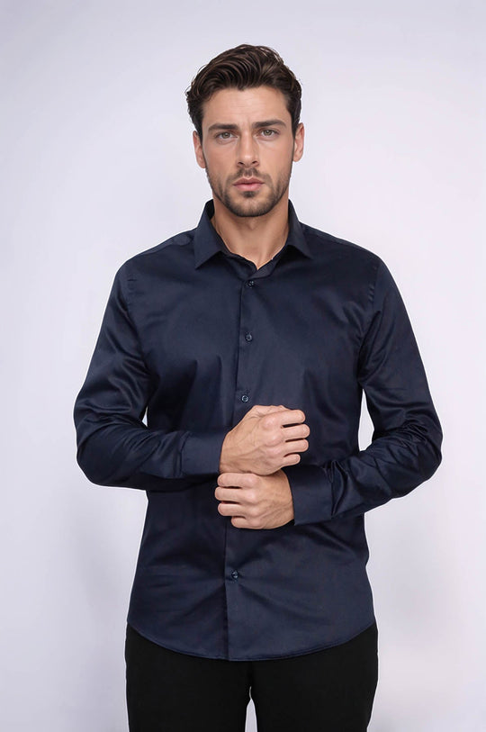 Men's Navy Blue Cotton Satin Slim Fit Cuffed Shirt – Wessi