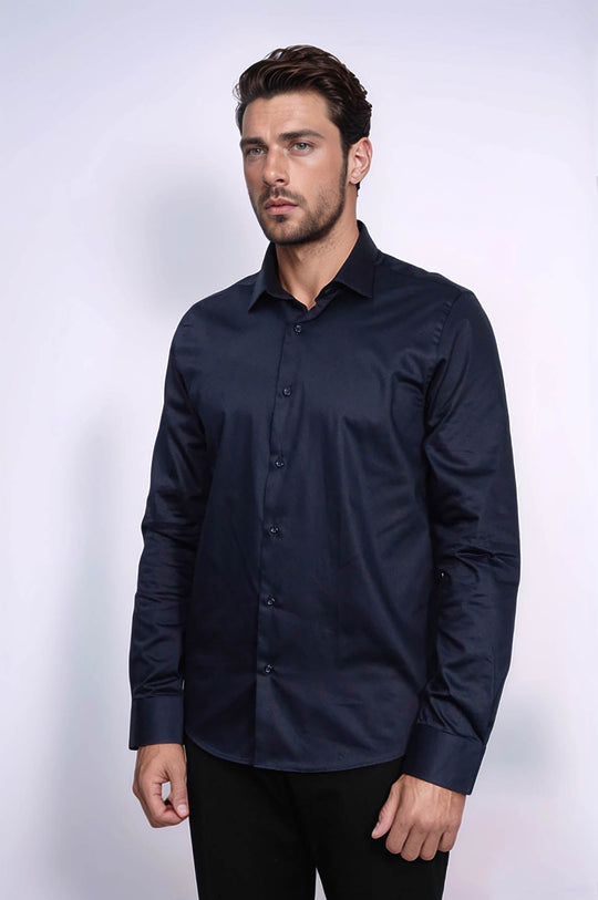 Men's Navy Blue Cotton Satin Slim Fit Cuffed Shirt – Wessi