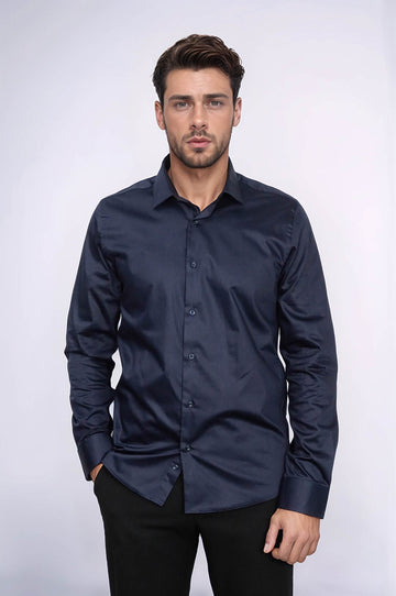Men's Navy Blue Cotton Satin Slim Fit Cuffed Shirt – Wessi