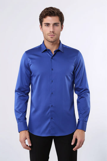 Men's Navy Blue Cotton Satin Slim Fit Shirt – Wessi
