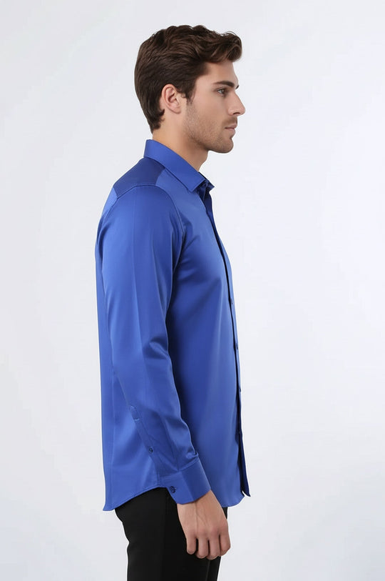 Men's Navy Blue Cotton Satin Slim Fit Shirt – Wessi
