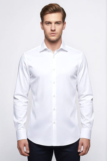 Men's White Slim Fit Plain Long Sleeve Shirt | Wessi