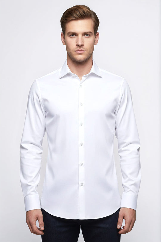 Men's White Slim Fit Plain Long Sleeve Shirt | Wessi