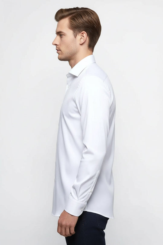 Men's White Slim Fit Plain Long Sleeve Shirt | Wessi