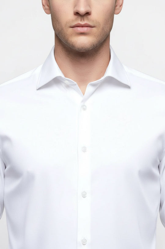 Men's White Slim Fit Plain Long Sleeve Shirt | Wessi